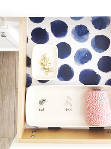 Indie Drawer Liner- white background blue polka dots